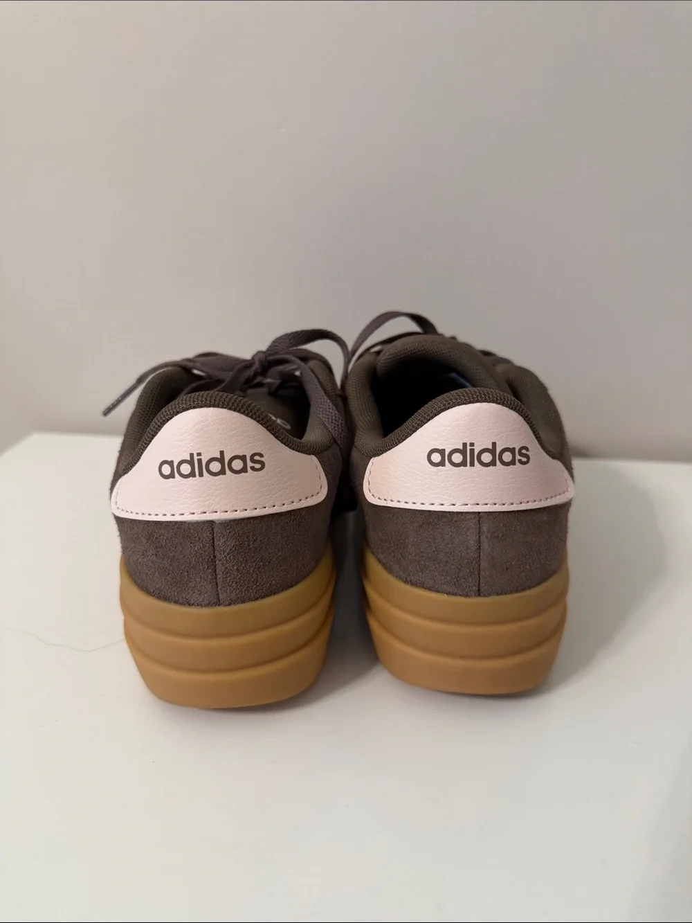 adidas Women’s Brown Suede Platform Sneakers with Pink Stripes and Gum Sole.